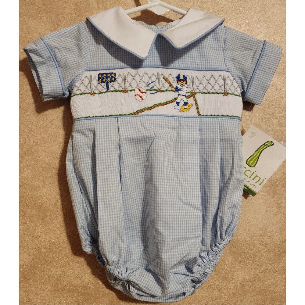 Zuccini Kids Smocked Baseball Gingham Bubble Romper Blue 3M
